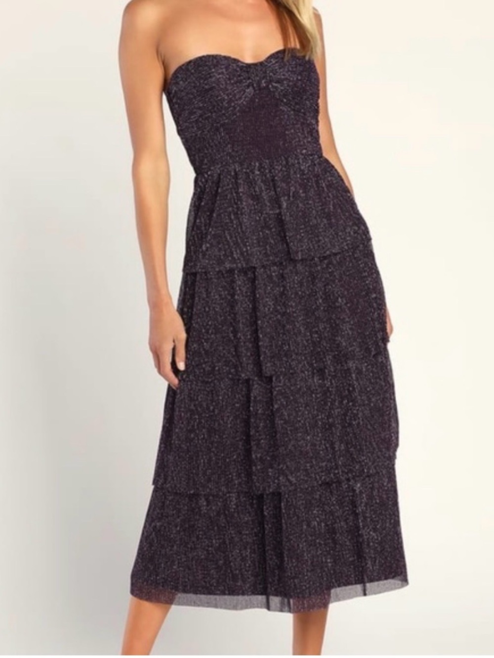 Lulus Purple Metallic Strapless Tiered Midi Dress – Size S (NWT)